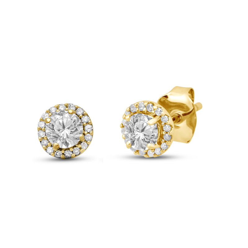 Jewelili Stud Earrings with Round White Topaz and Natural White Round Diamonds in 10K Yellow Gold 1/10 CTTW