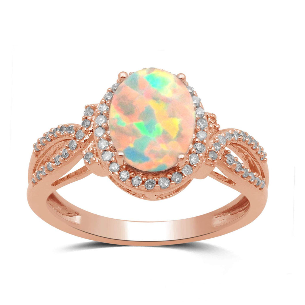 Jewelili Halo Ring with Oval Opal and Round Natural White Diamonds in 14K Rose Gold 1/4 CTTW View 1