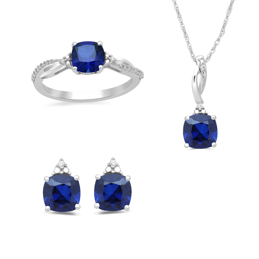 Jewelili Zirconia Ring Necklace Pendant and Stud Earrings Jewelry Set with Cushion Created Blue Sapphire in Sterling Silver