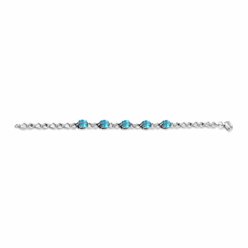 Jewelili Link Bracelet with Oval Shape Swiss Blue Topaz and Natural White Round Diamonds in Sterling Silver 8x6 MM View 1