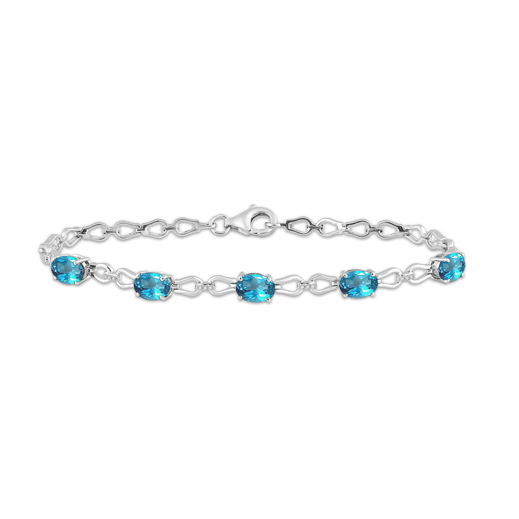 Jewelili Link Bracelet with Oval Shape Swiss Blue Topaz and Natural White Round Diamonds in Sterling Silver 8x6 MM