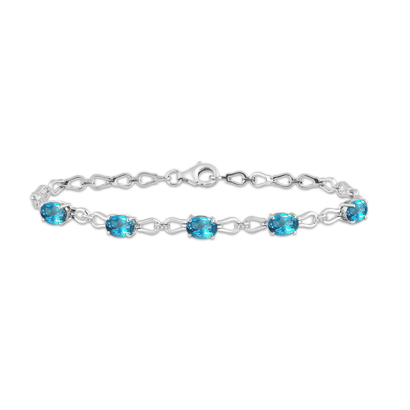 Jewelili Link Bracelet with Oval Shape Swiss Blue Topaz and Natural White Round Diamonds in Sterling Silver 8x6 MM