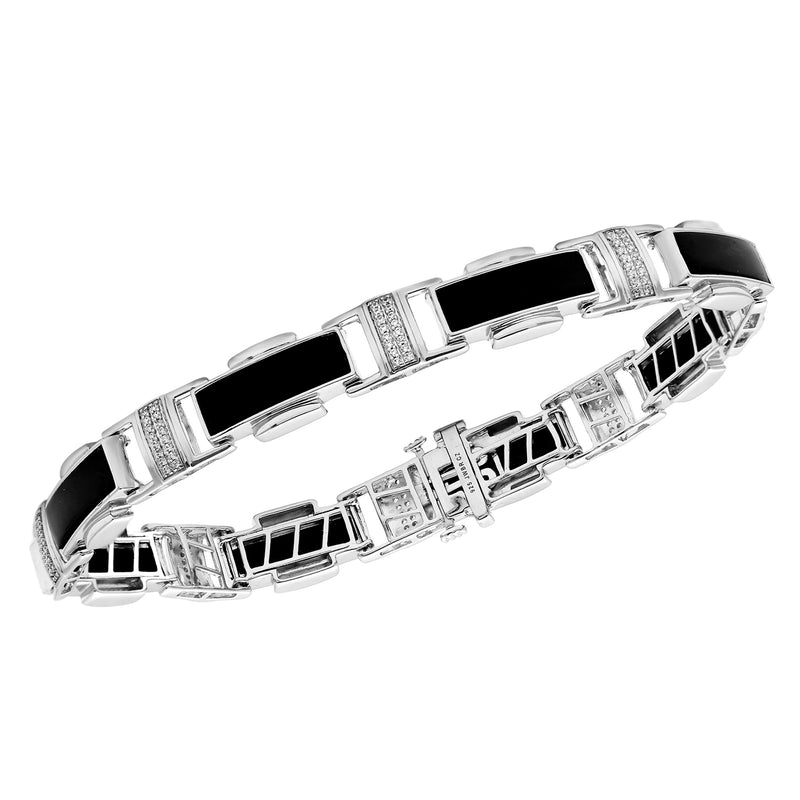 Jewelili Link Bracelet with Natural White Round Diamonds and Black Onyx in Sterling Silver 1/4 CTTW View 1