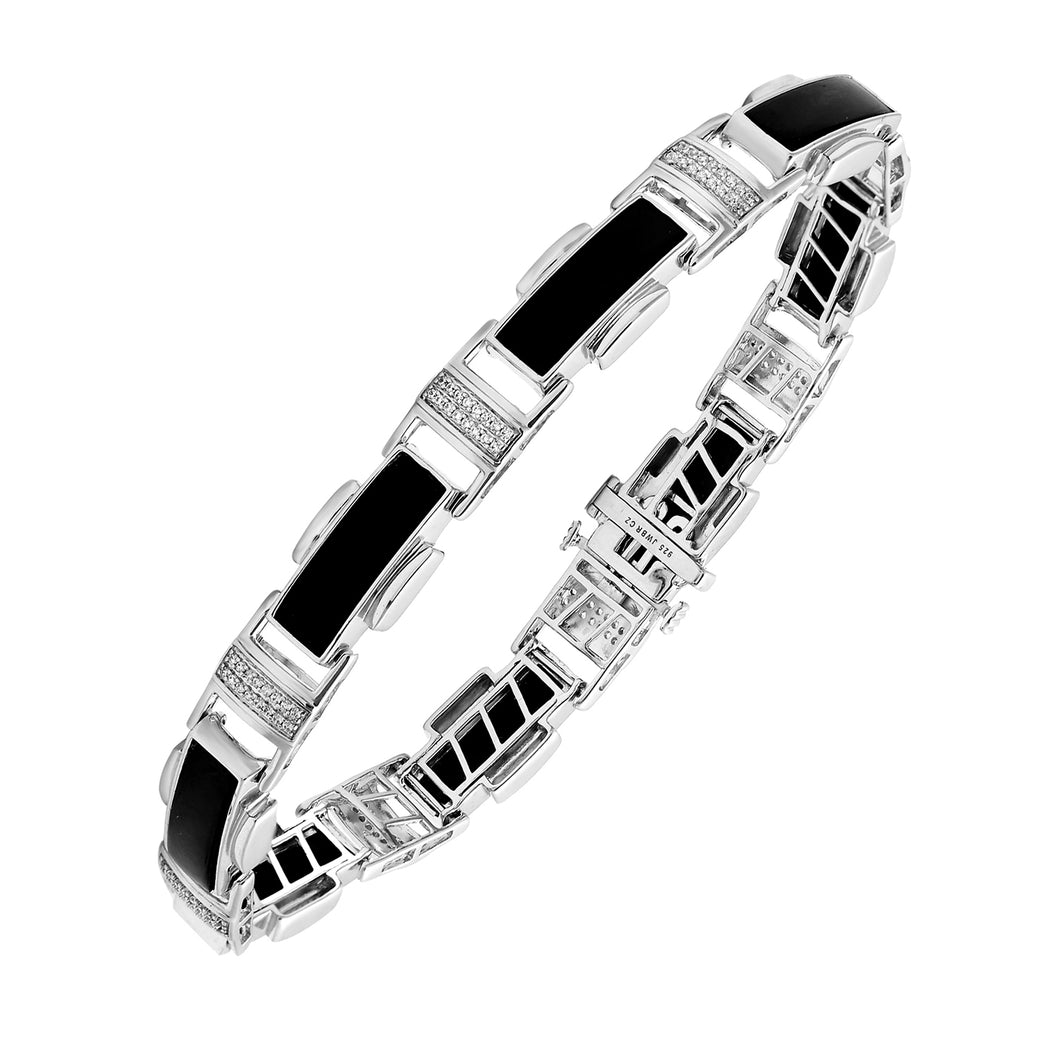 Jewelili Link Bracelet with Natural White Round Diamonds and Black Onyx in Sterling Silver 1/4 CTTW