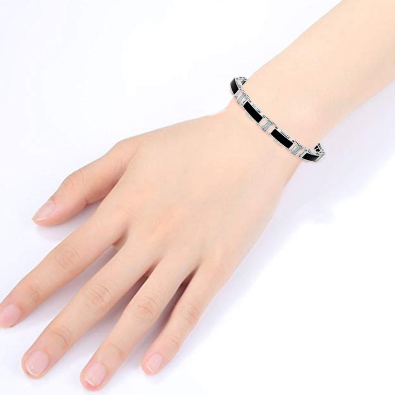 Jewelili Link Bracelet with Natural White Round Diamonds and Black Onyx in Sterling Silver 1/4 CTTW View 2