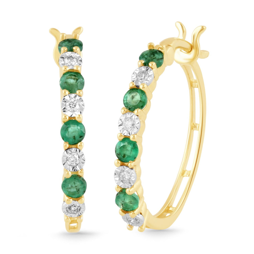 Jewelili 10K Yellow Gold Natural Emerald and White Round Diamonds Hoop Earrings