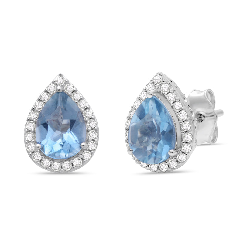 Jewelili Sterling Silver Pear Cut Aquamarine and Round Created White Sapphire Stud Earrings