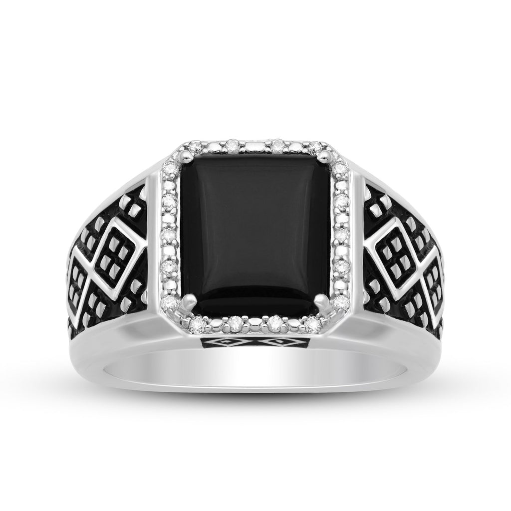 Jewelili Men's Ring with Cushion Black Onyx and Natural White