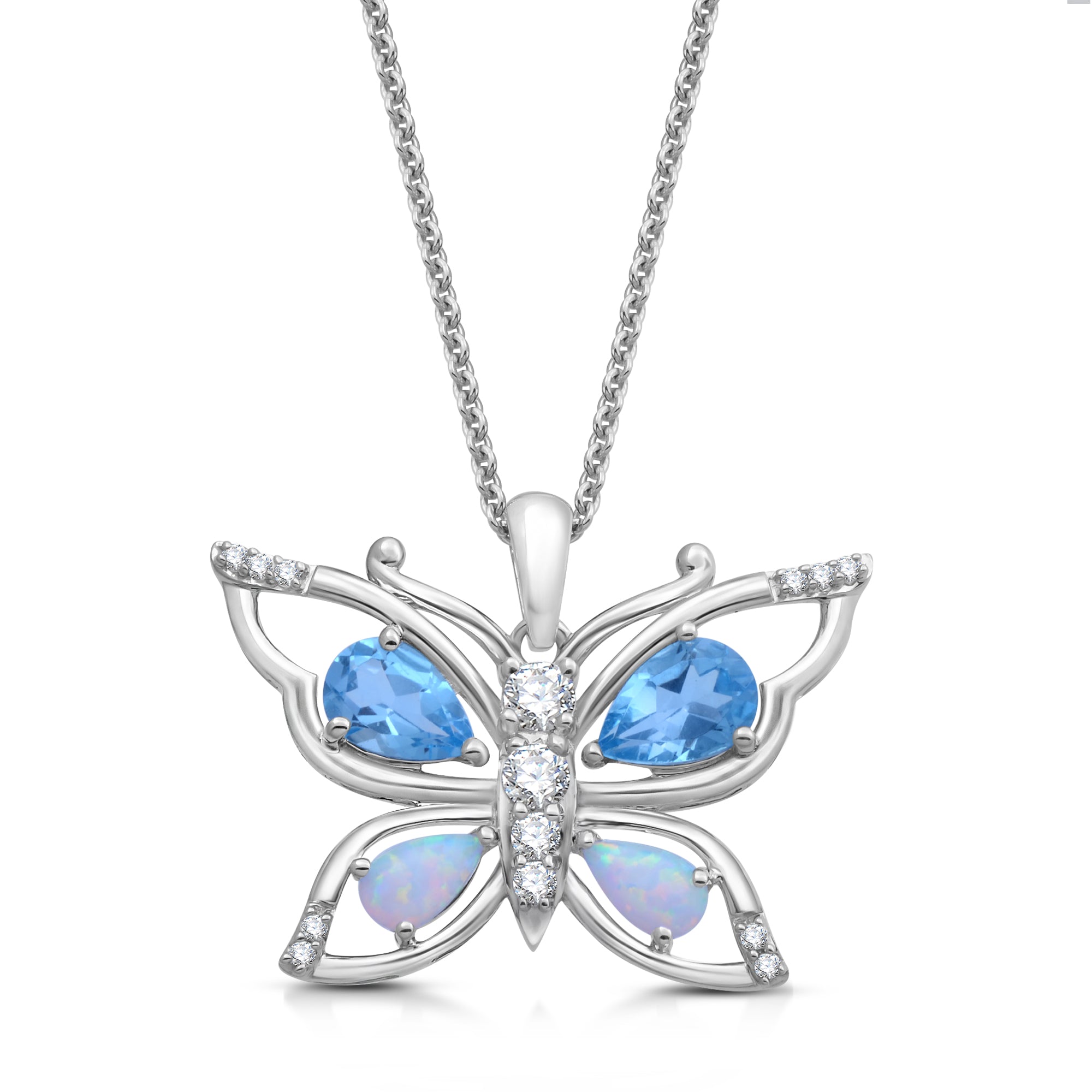 Jewelili Butterfly Necklace Pendant with Created Opal, Swiss Blue