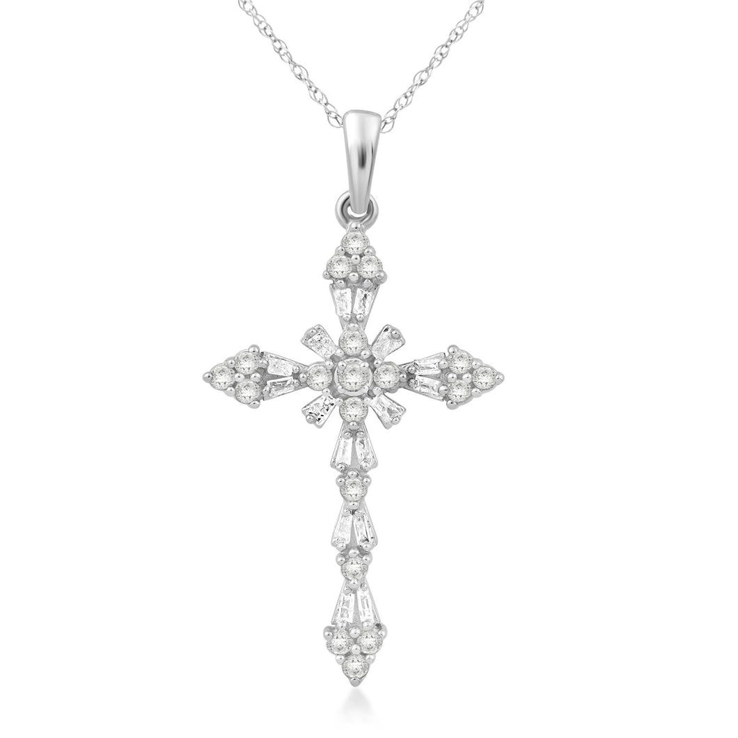 Jewelili 10K White Gold with 1/2 CTTW Natural White Round and Baguette Diamonds Cross Pendant Necklace