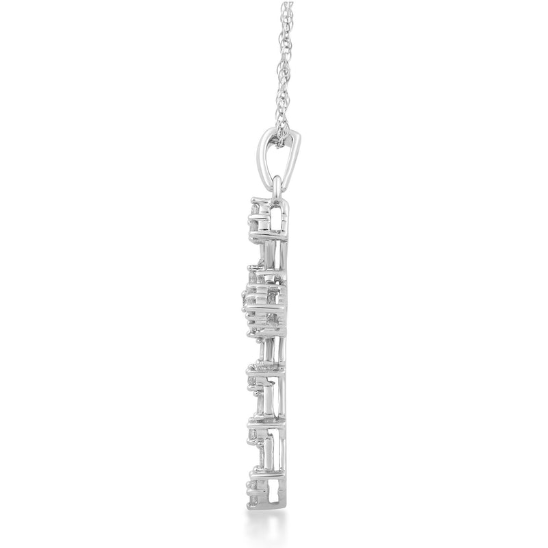 Jewelili 10K White Gold with 1/2 CTTW Natural White Round and Baguette Diamonds Cross Pendant Necklace