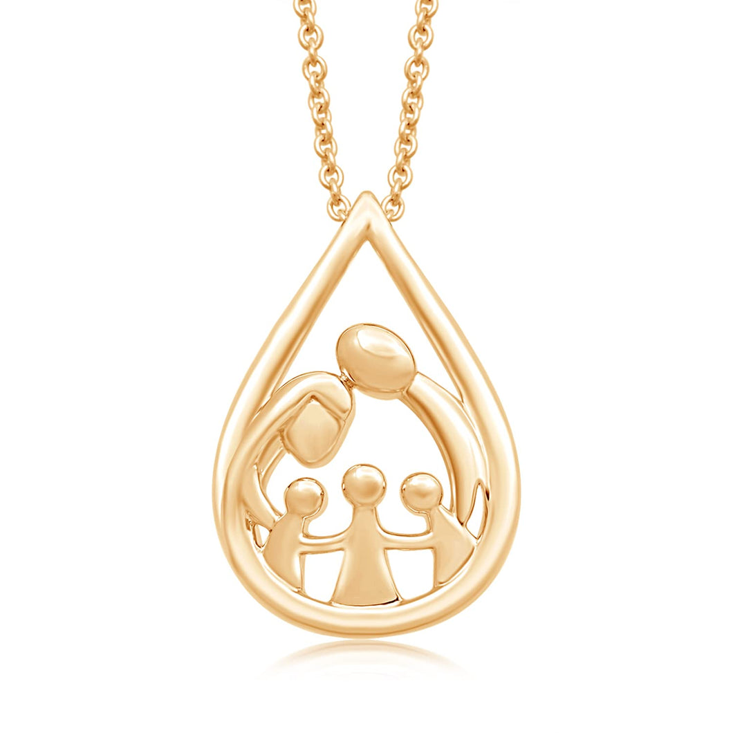 Jewelili 18K Yellow Gold Over Sterling Silver With Parent and Three Children Family Teardrop Pendant Necklace