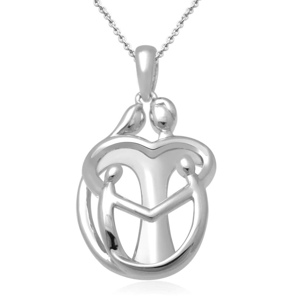 Jewelili Sterling Silver Parent with Two Children Family Heart Pendant Necklace