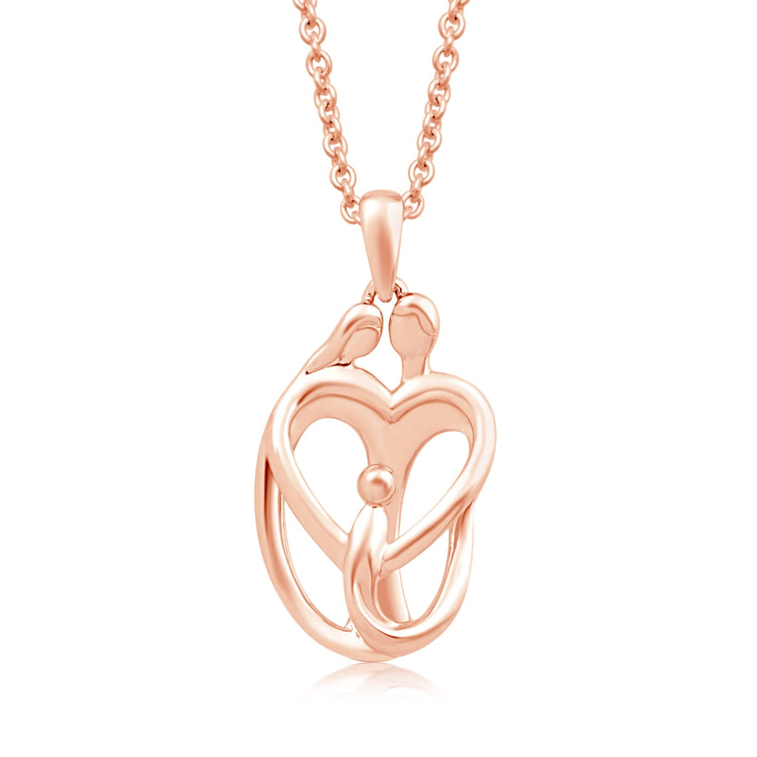 Jewelili Parents and One Child Family Heart Pendant Necklace in 14K Rose Gold over Sterling Silver View 1