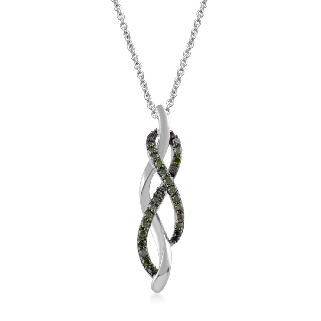 Jewelili Sterling Silver With 1/4 CTTW Green Natural Diamond Swirl Pendant Necklace