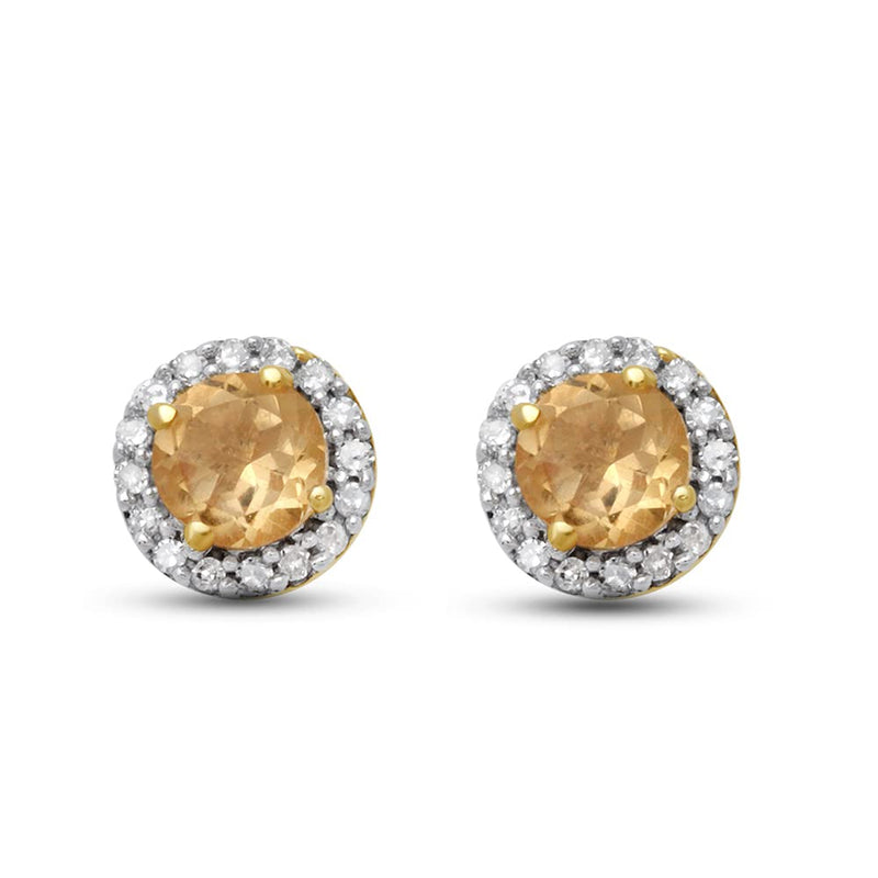 Jewelili Stud Earrings with Yellow Citrine and Natural White Diamonds in 10K Yellow Gold 1/10 CTTW View 1