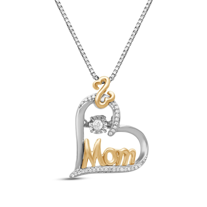 Jewelili Sterling Silver and 10K Yellow Gold With 1/10 CTTW Natural White Dancing Diamonds MOM Heart Pendant Necklace