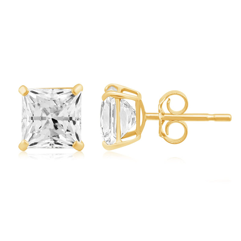 Jewelili Stud Earrings with Princess Cut Cubic Zirconia in 10K Yellow Gold View 3