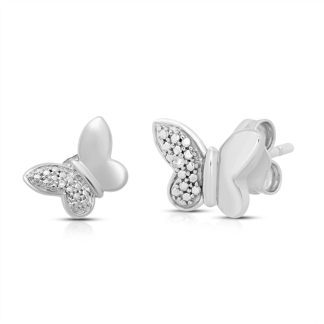 Jewelili Butterfly Stud Earrings with Round Natural White Diamonds in Sterling Silver View 1