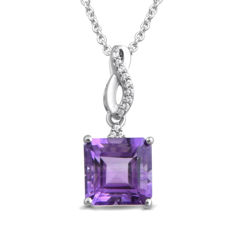 Jewelili Sterling Silver With Octagon Amethyst and Created White Sapphire Pendant Necklace