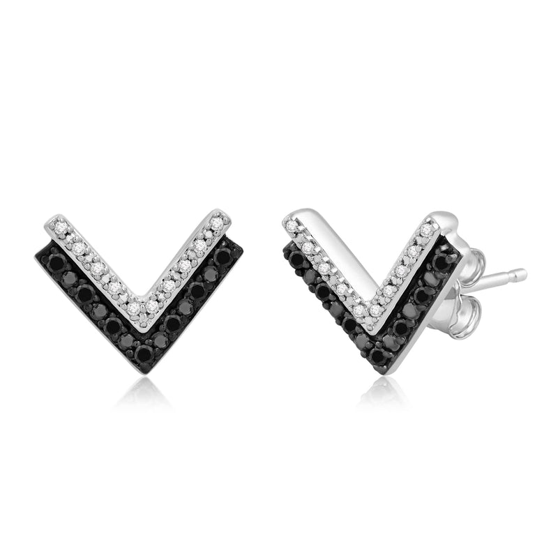 Jewelili "V" Shape Stud Earrings with Treated Black and Natural White Round Diamonds in Sterling Silver 1/6 CTTW View 1