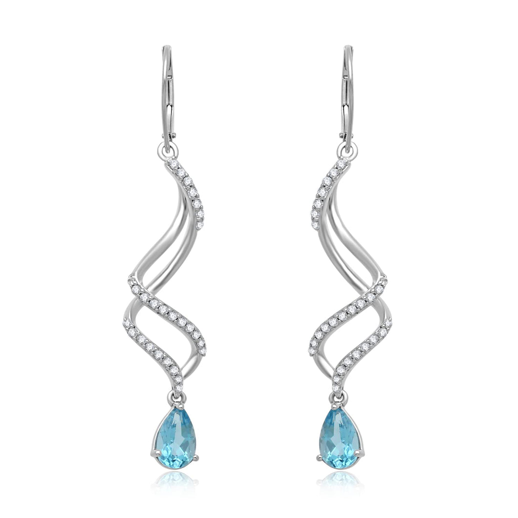 Jewelili Dangle Earrings with Pear Shape Swiss Blue Topaz and Created White Sapphire in Sterling Silver View 1