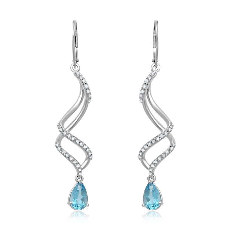 Jewelili Dangle Earrings with Pear Shape Swiss Blue Topaz and Created White Sapphire in Sterling Silver View 1