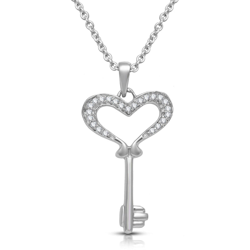 Jewelili Sterling Silver With Natural White Diamonds Heart Shape Key Pendant Necklace