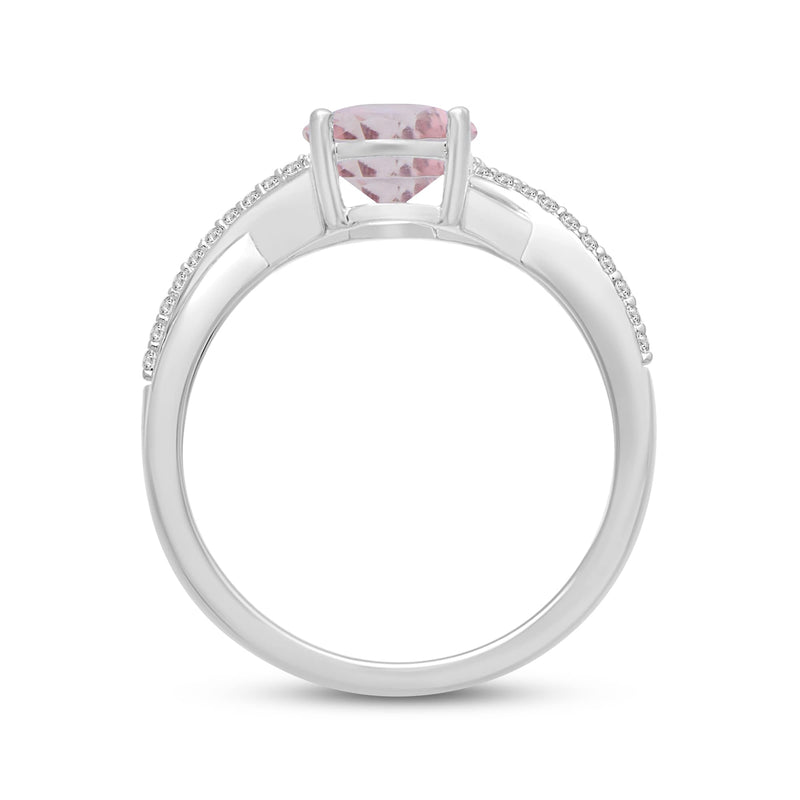 Jewelili Sterling Silver Oval Cut Morganite and Round Created White Sapphire Twisted Halo Engagement Ring