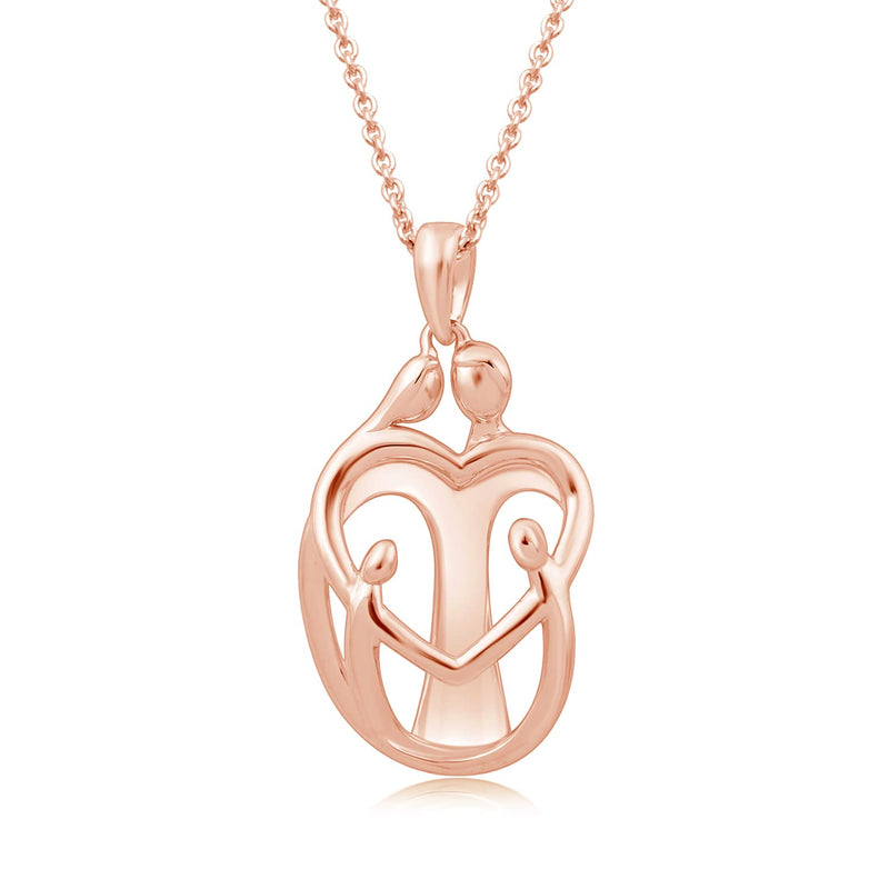 Jewelili Parent with Two Children Family Heart Pendant Necklace in 14K Rose Gold over Sterling Silver View 1