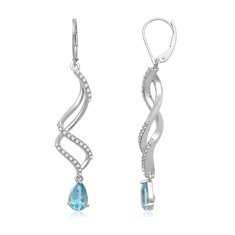 Jewelili Dangle Earrings with Pear Shape Swiss Blue Topaz and Created White Sapphire in Sterling Silver View 2