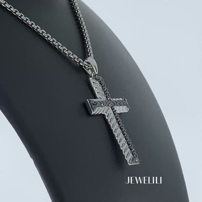 Jewelili Men's Cross Pendant Necklace with Treated Black Round