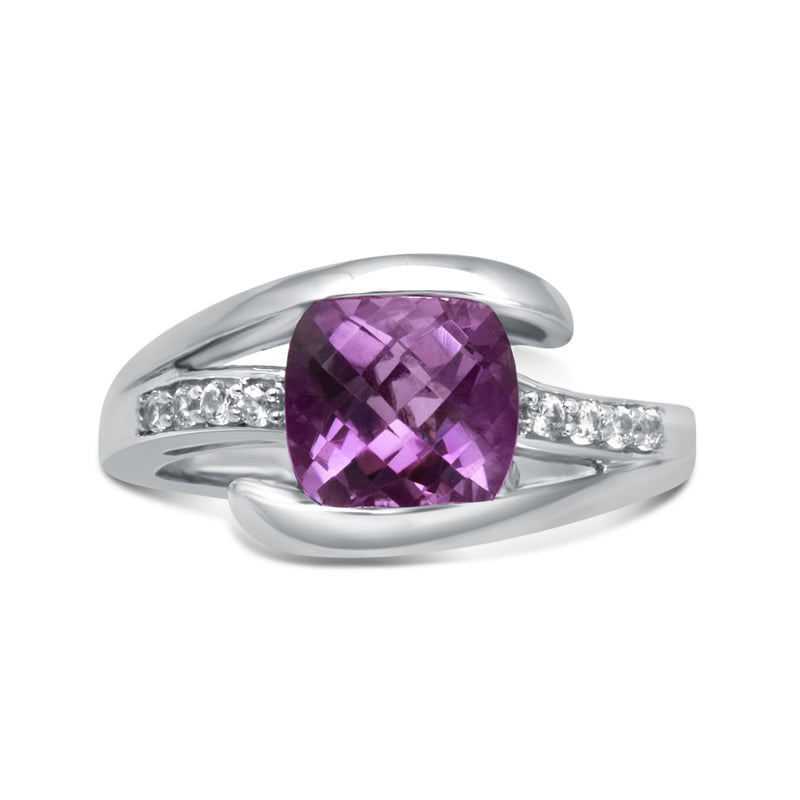 Jewelili Ring with Cushion Shape Amethyst and Created White Sapphire in Sterling Silver View 2