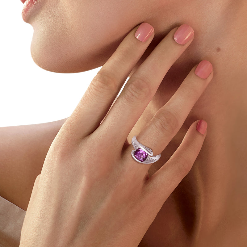 Jewelili Ring with Cushion Shape Amethyst and Created White Sapphire in Sterling Silver View 4