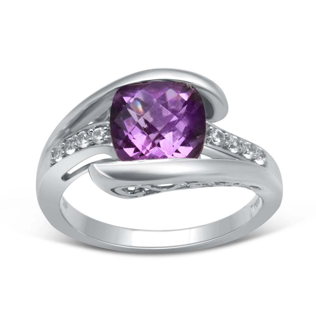 Jewelili Ring with Cushion Shape Amethyst and Created White Sapphire in Sterling Silver View 1