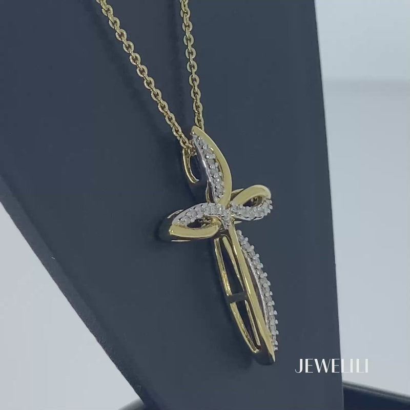 Jewelili Cross Necklace Diamond Jewelry in Yellow Gold Over