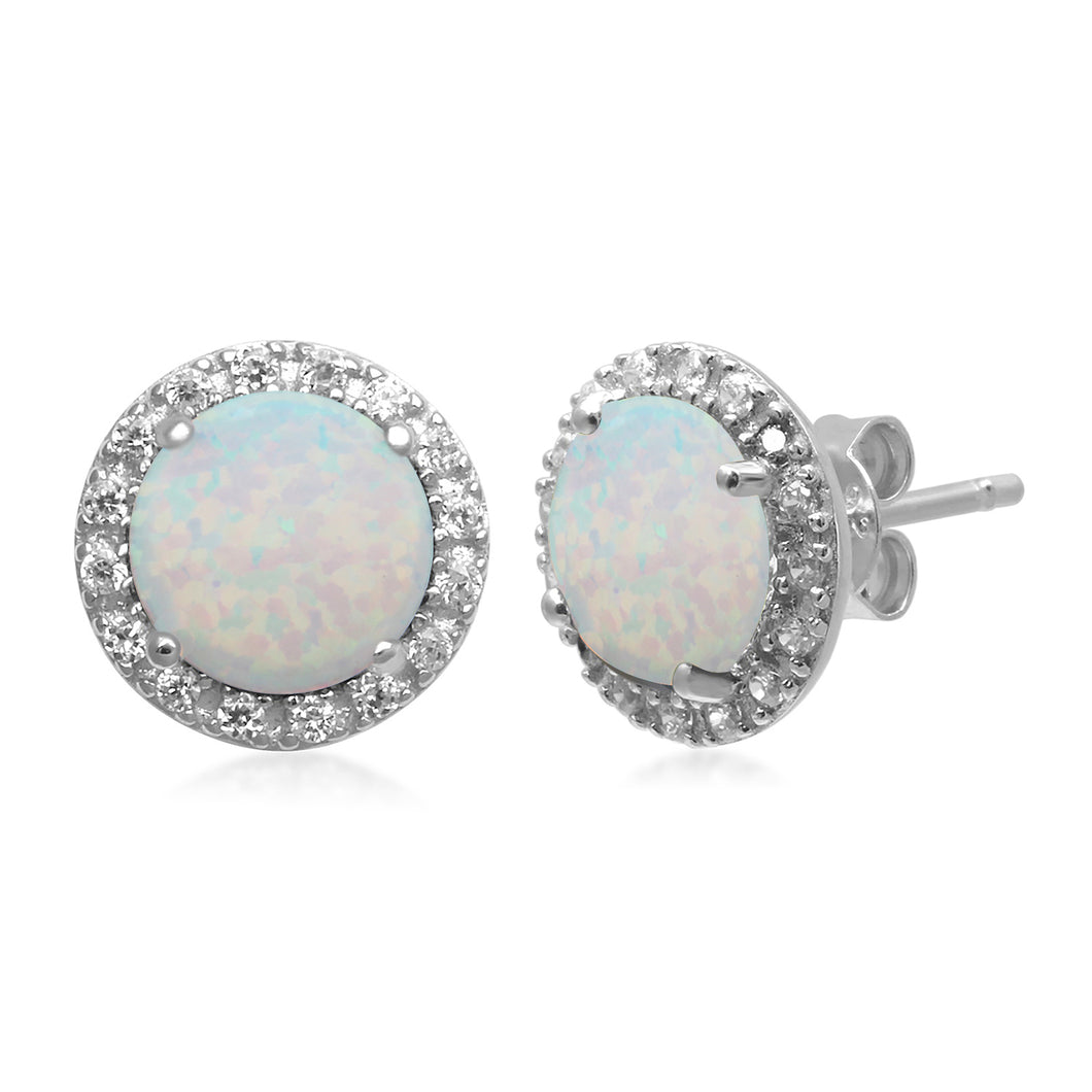 Jewelili Sterling Silver with Round Shape Created Opal with Created White Sapphire Halo Stud Earrings
