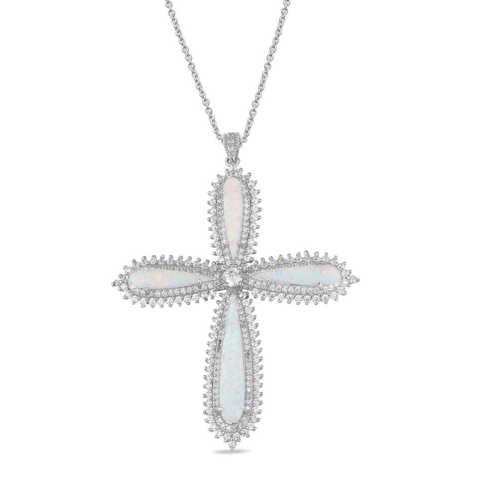 Jewelili Sterling Silver with Created Opal and Cubic Zirconia Cross Pendant Necklace