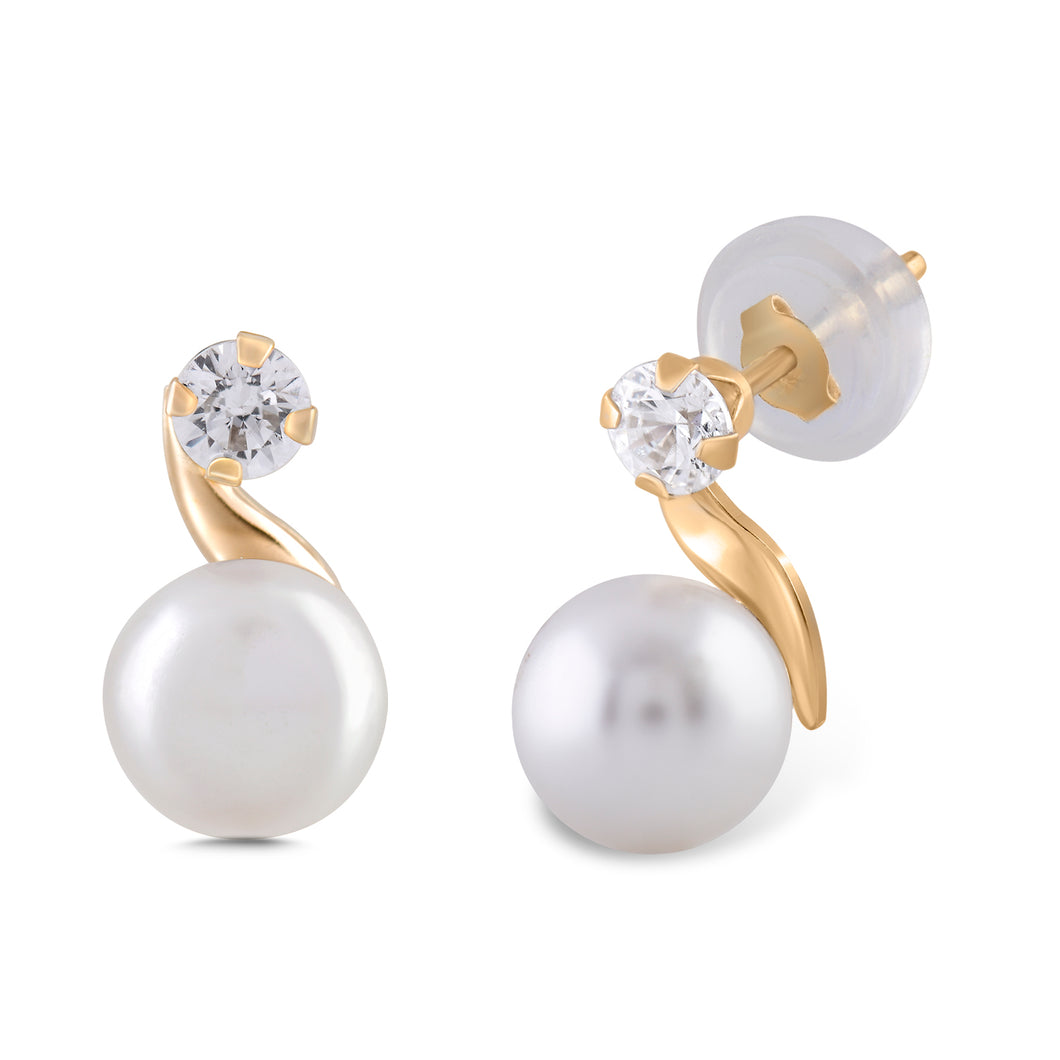 Jewelili 10K Yellow Gold with Pearl and Cubic Zirconia Stud Earrings