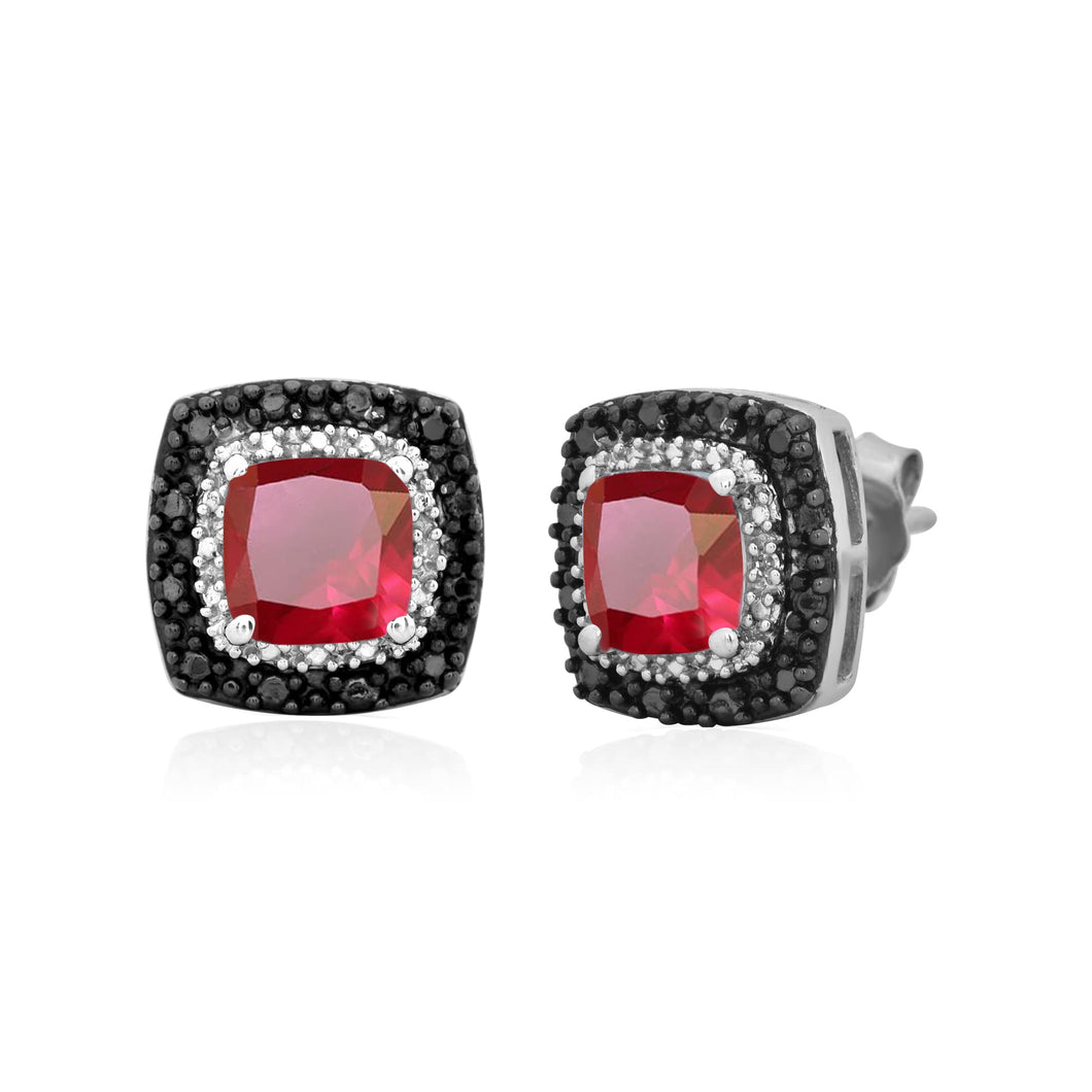 Jewelili Stud Earrings with Created Ruby, Treated Black Diamonds and White Diamonds in Sterling Silver View 1