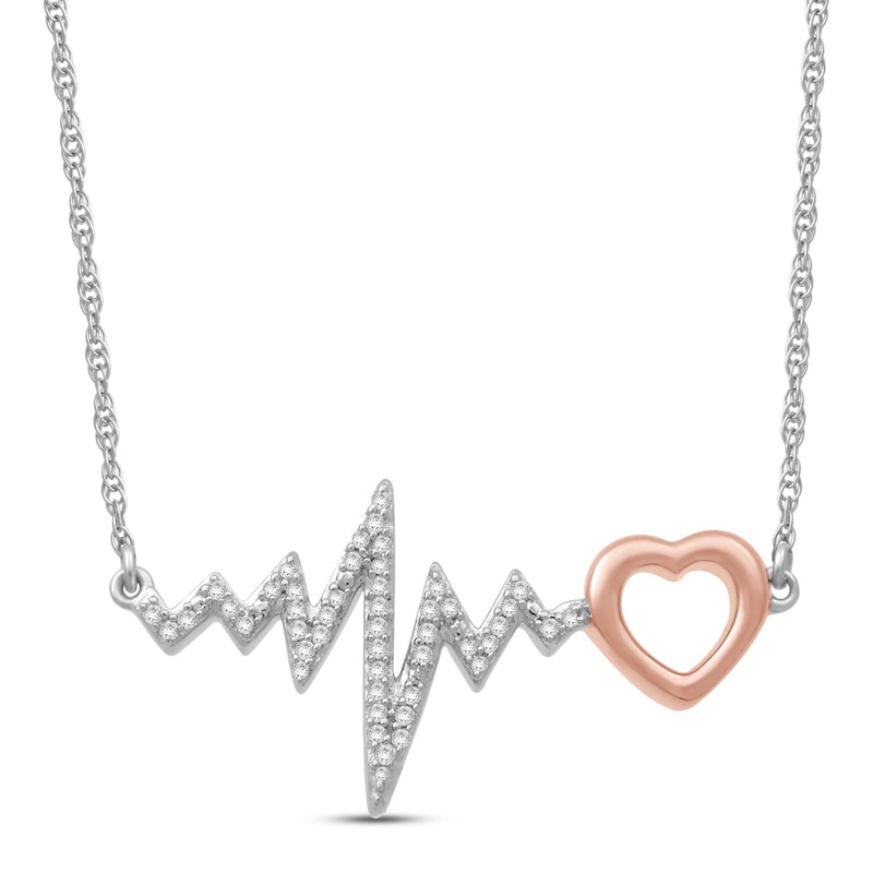 Jewelili Heartbeat Pendant Necklace with Natural White Round Shape Diamonds in 14K Rose Gold over Sterling Silver 1/10 CTTW 