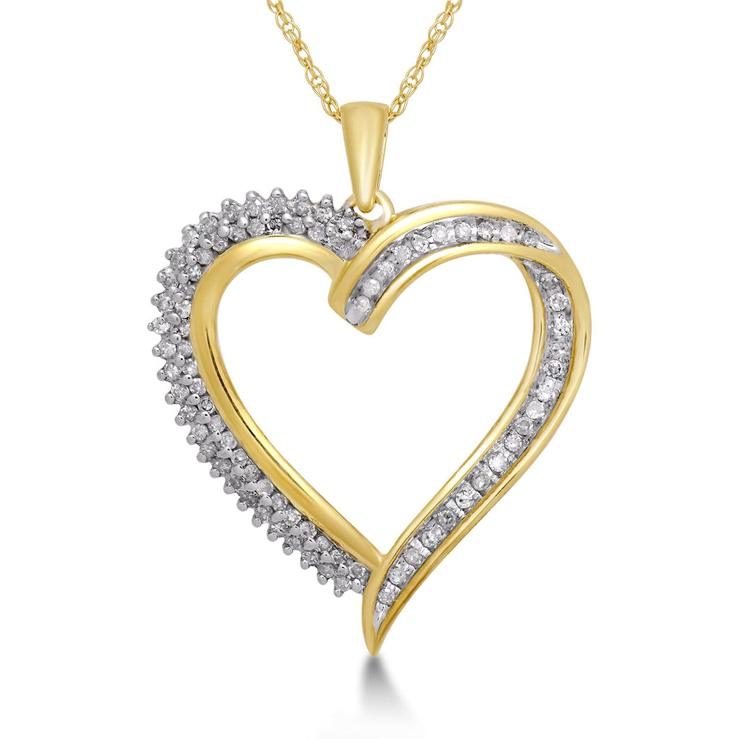 Jewelili Heart Shape Pendant Necklace with Natural White Diamond in 10K Yellow Gold 1/4 CTTW