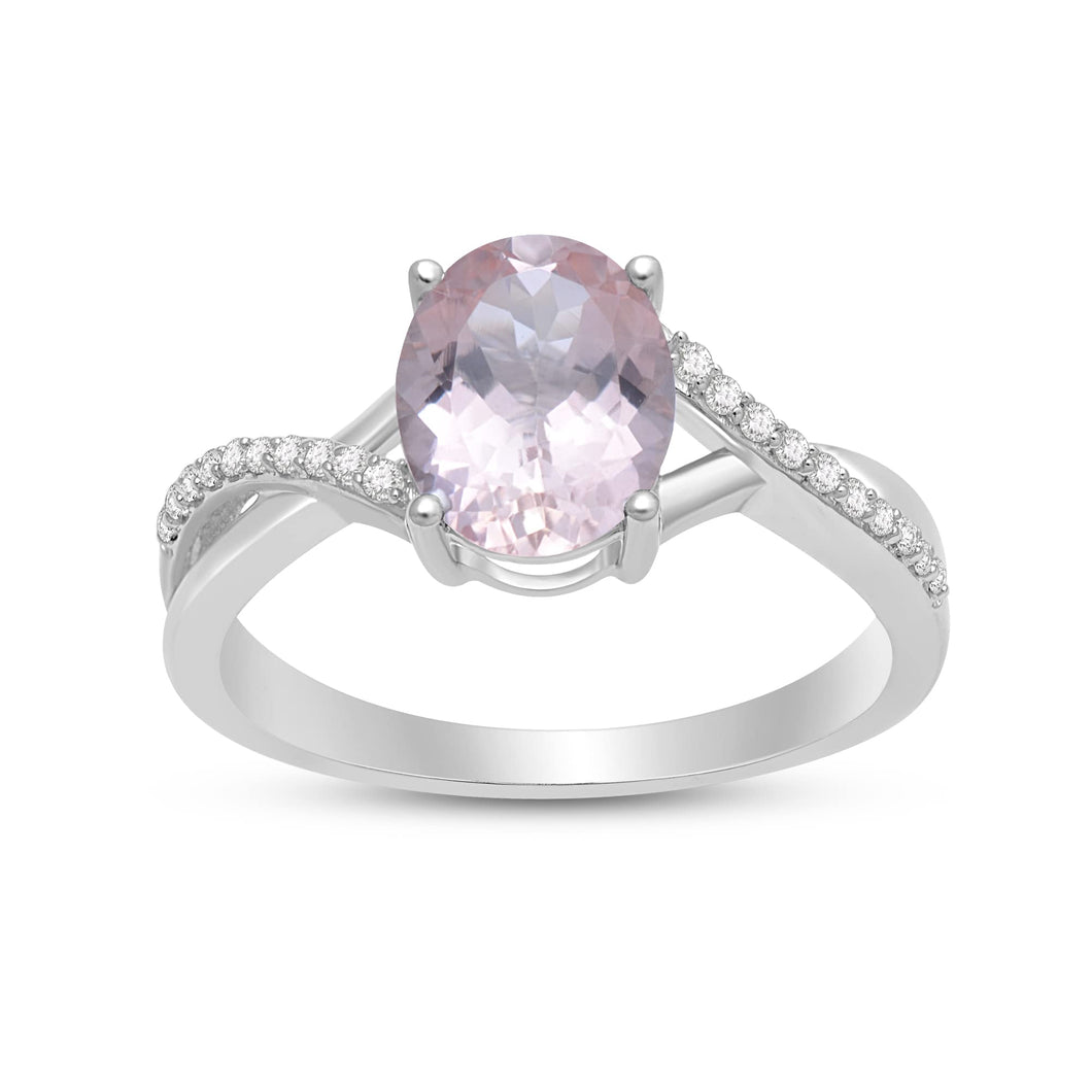 Jewelili Sterling Silver Oval Cut Morganite and Round Created White Sapphire Twisted Halo Engagement Ring