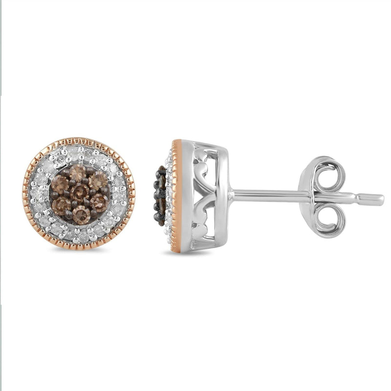 Jewelili Cluster Stud Earrings with Champagne & White Diamonds in 14K Rose Gold over Sterling Silver 1/4 CTTW View 5