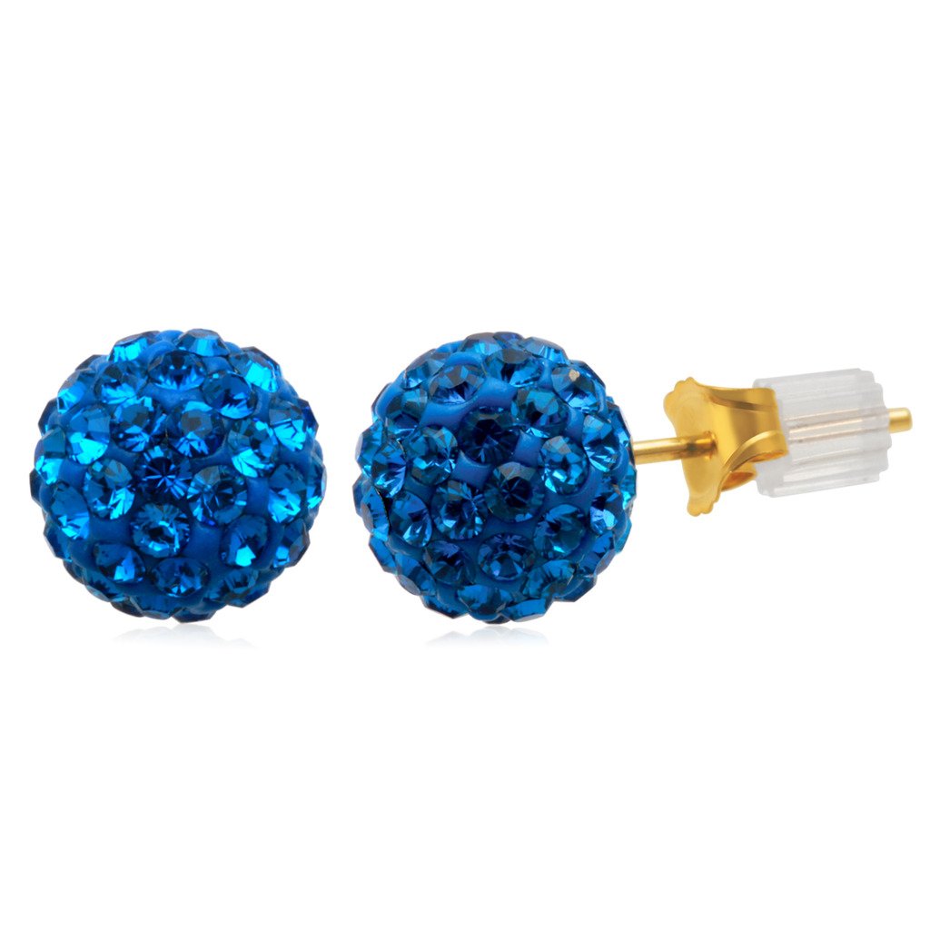 Jewelili 10K Yellow Gold with Capri Blue Crystal Button Stud Earrings