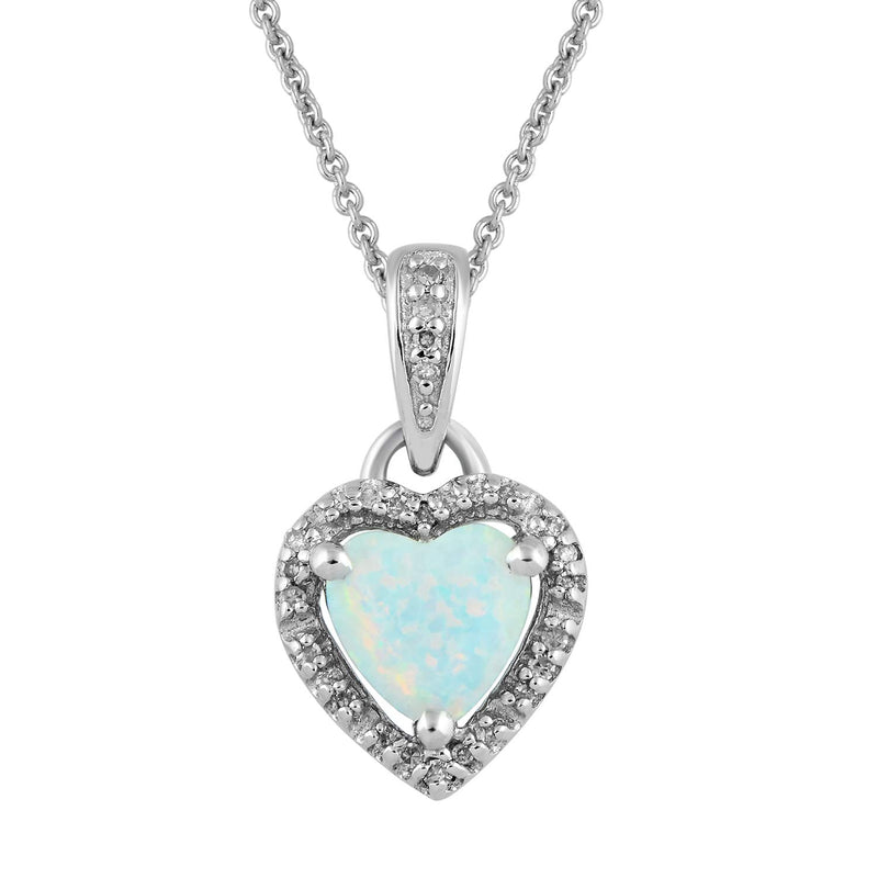 Jewelili Halo Heart Pendant Necklace with Created Opal and Natural White Diamonds in Sterling Silver View 1