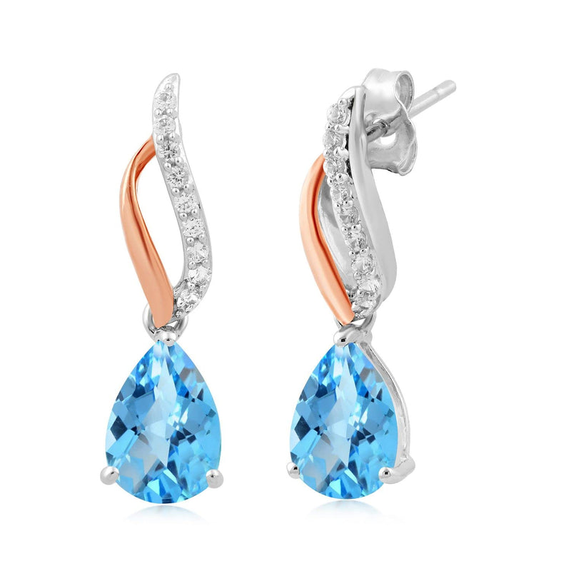 Jewelili Teardrop Drop Earrings with Swiss Blue Topaz and Created White Sapphire in Rose Gold over Sterling Silver View 1