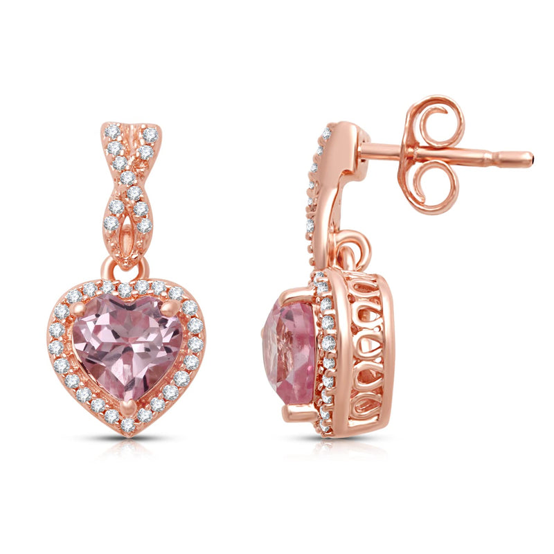 Jewelili Dangle Earrings with Created Morganite and Created White Sapphire in Rose Gold over Sterling Silver View 2