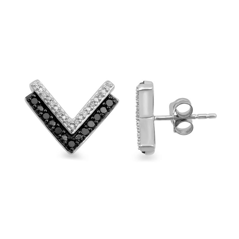 Jewelili "V" Shape Stud Earrings with Treated Black and Natural White Round Diamonds in Sterling Silver 1/6 CTTW View 3