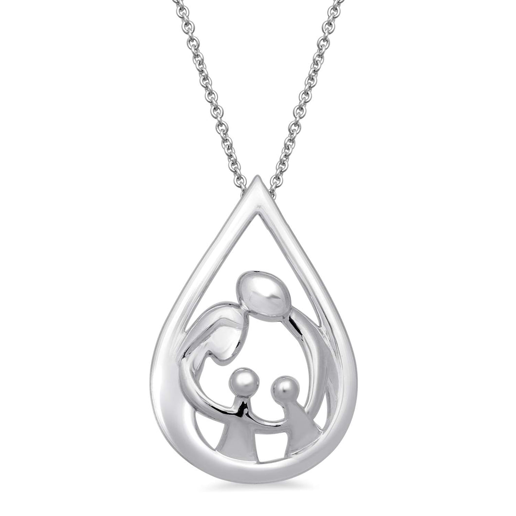 Jewelili Sterling Silver With Parent and Two Children Family Teardrop Pendant Necklace